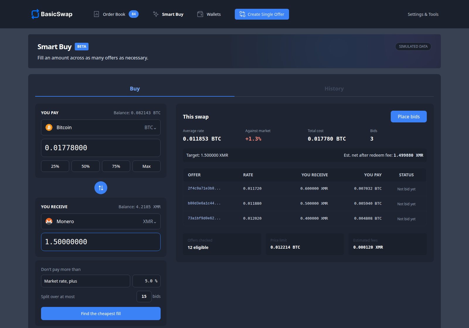 BasicSwap Smart Buy preview showing a simulated Bitcoin-to-Monero purchase split across three offers
